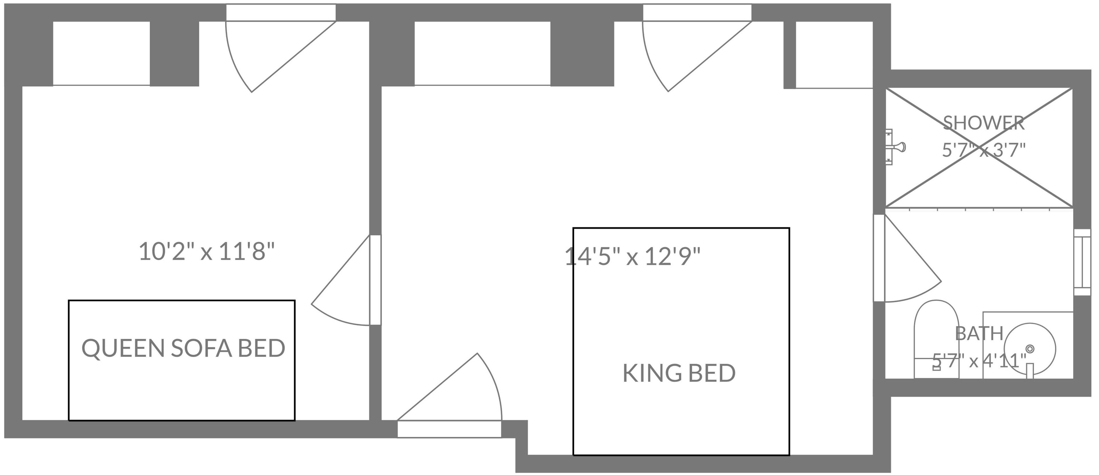 A floor plan with a queen sofa bed, king bed, and a shower area measuring 5'7' x 3'7'.
