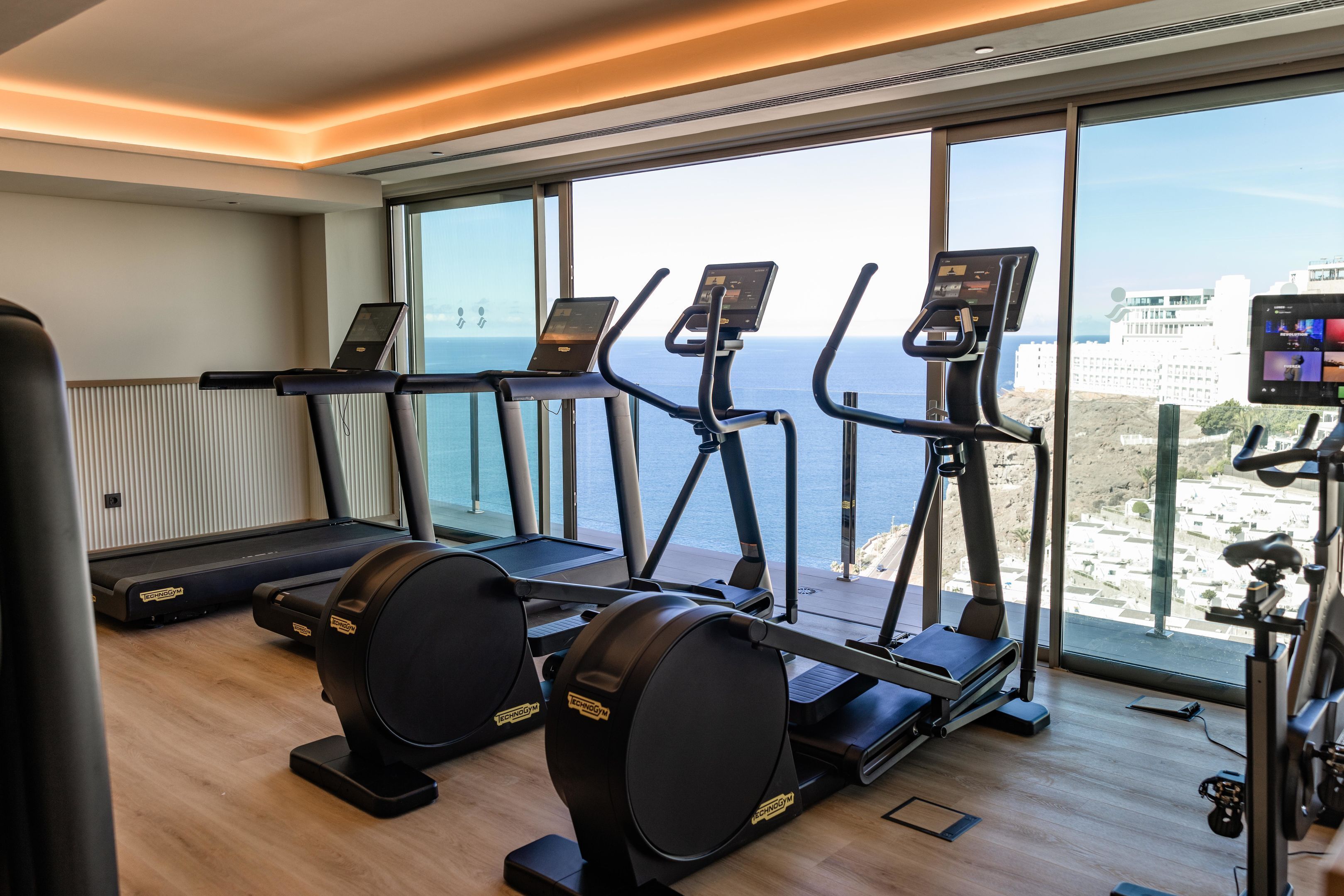 Un gimnasio con cintas de correr, elípticas y una máquina de remo, con amplias ventanas que dan a vistas del mar y edificios.