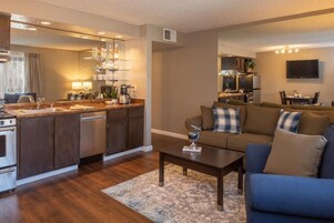 Flat-screen TV, DVD player, foosball, table tennis