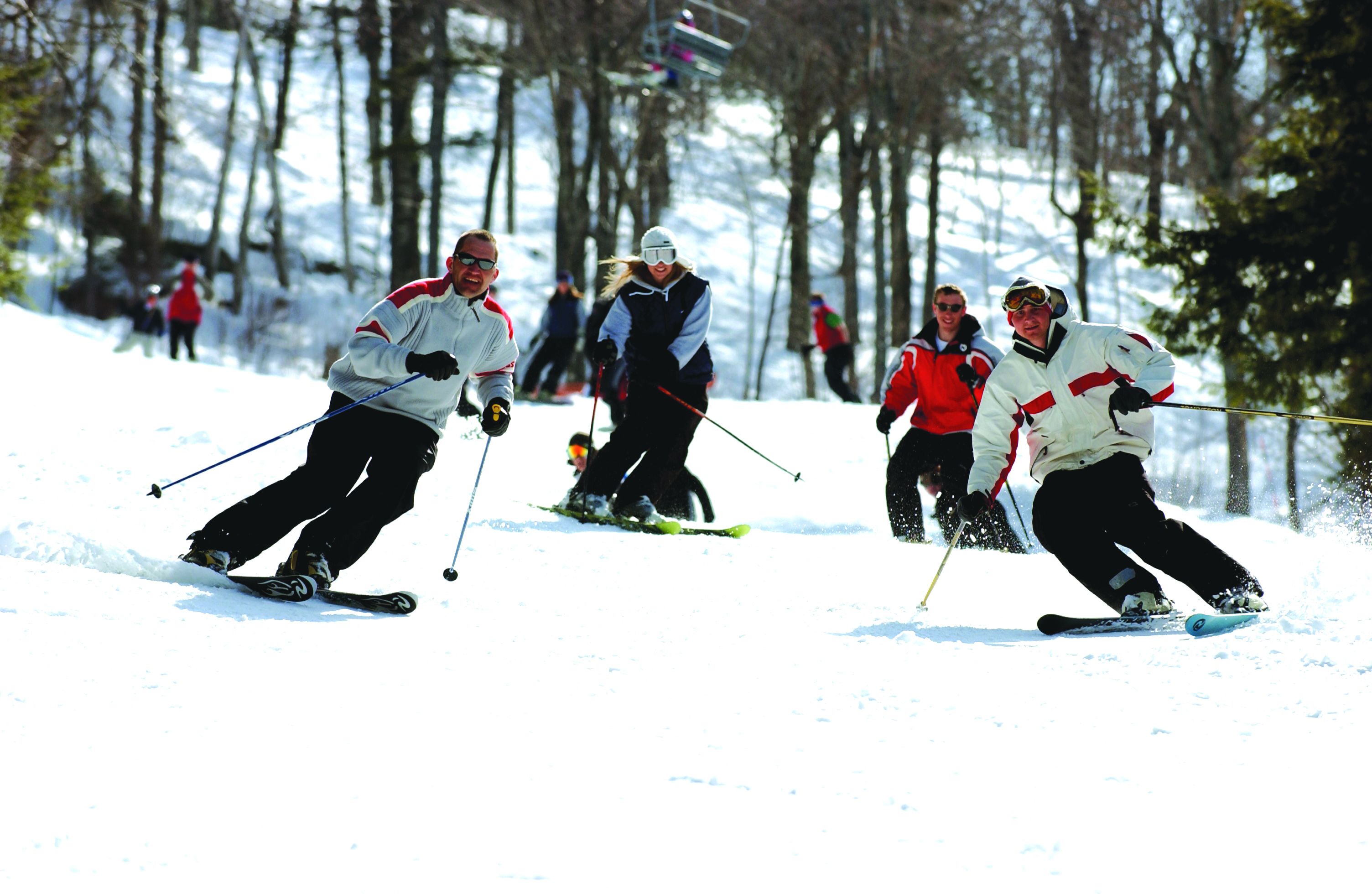 A group of people skiing on a snowy slope with trees in the background.