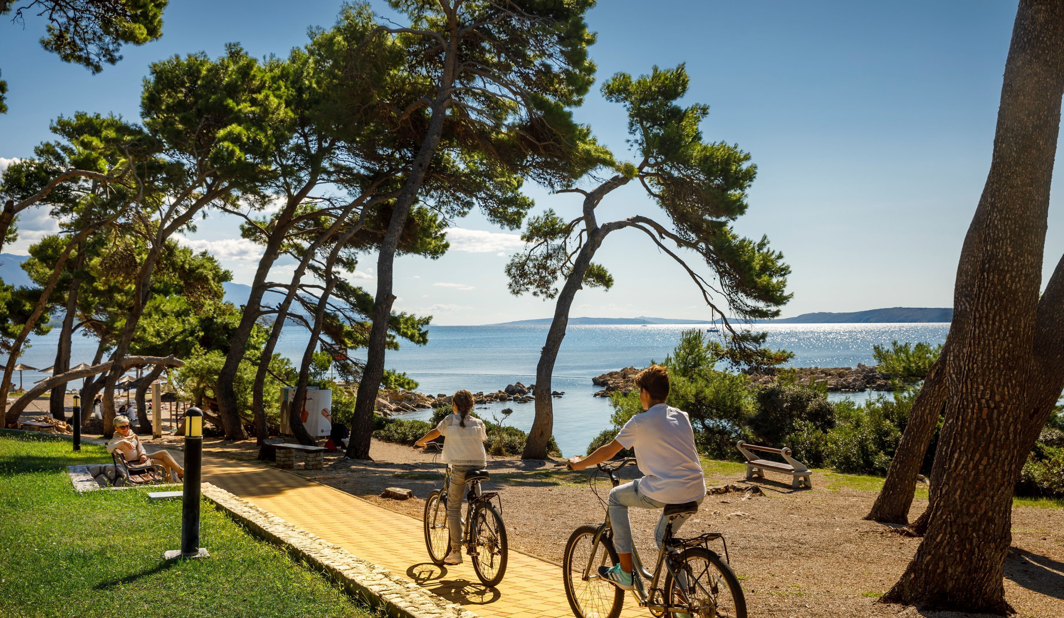A park with a paved path, benches, and cyclists.