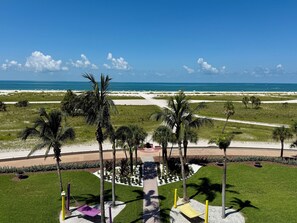Zona ajardinada con palmeras, una hamaca y vistas a la playa y al océano.
