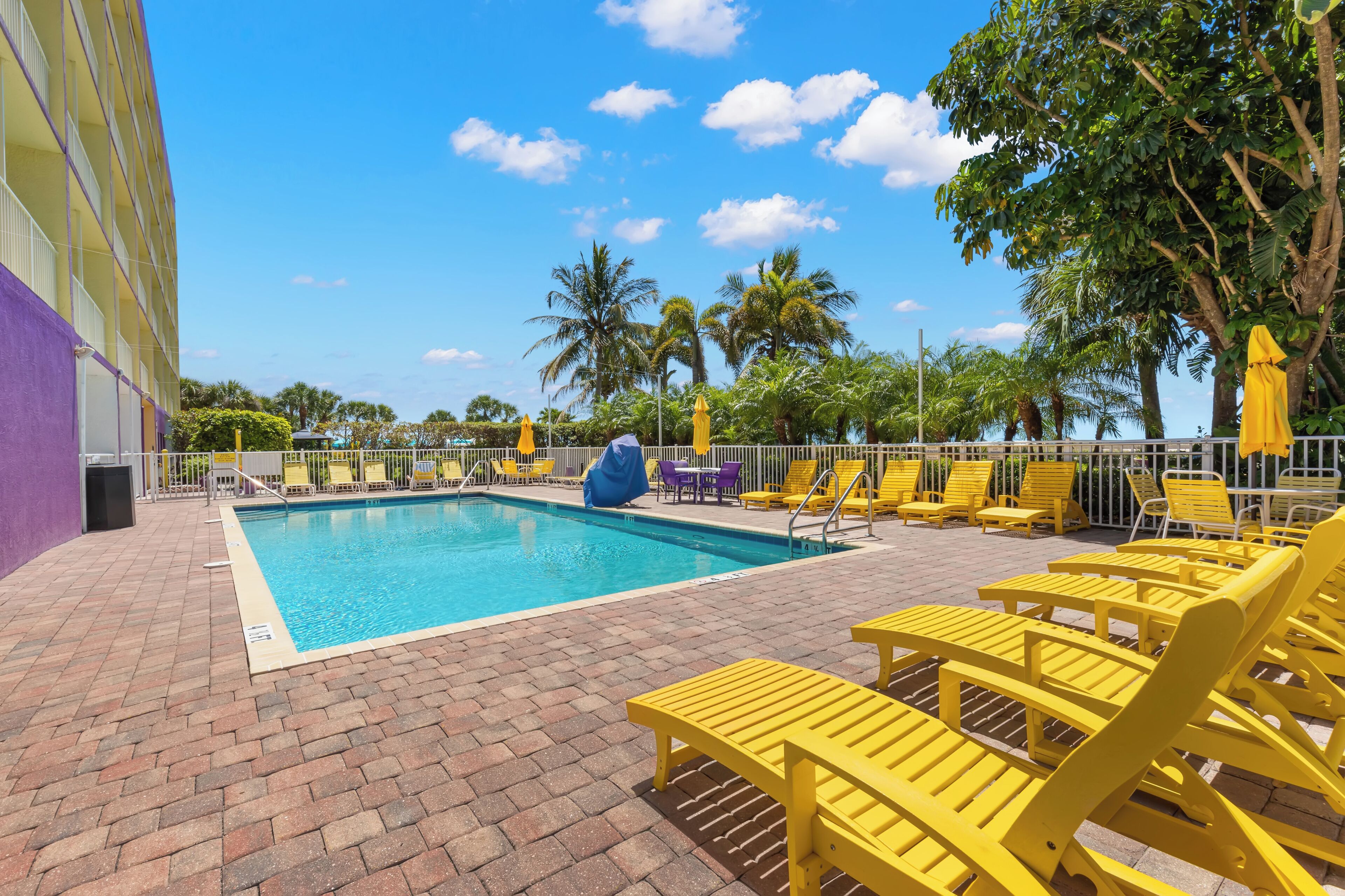 Outdoor pool, pool umbrellas, pool loungers