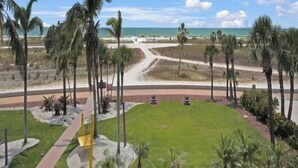 A view of a beach with palm trees, a pathway, and a road leading to the beach.