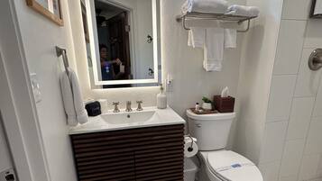 A bathroom with a vanity, sink, mirror, toilet, and shower.