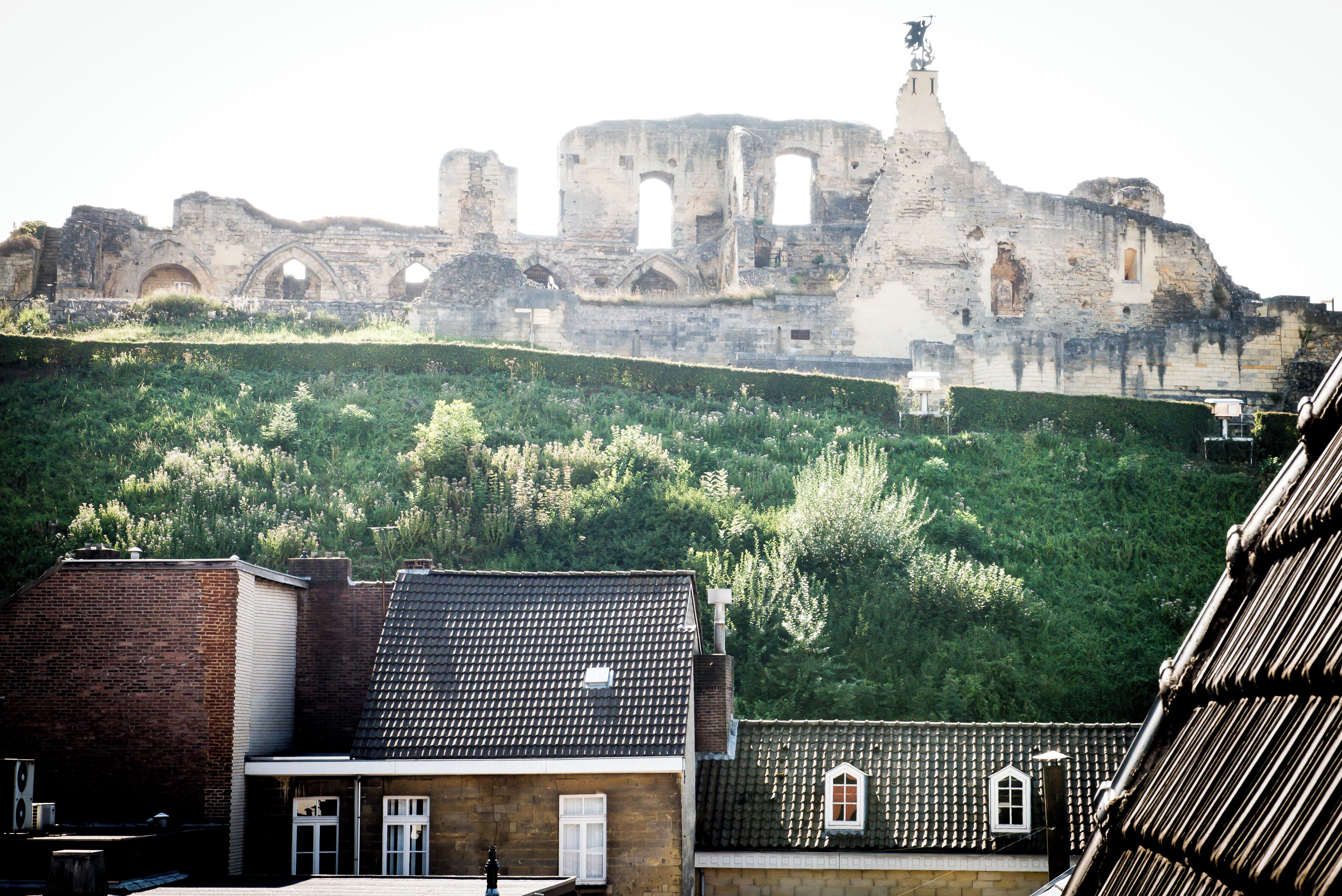 A historic building with arches and ruins, a green hill with vegetation, and residential buildings with tiled roofs.
