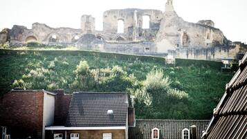 Un edificio histórico con arcos y ruinas, una colina verde con vegetación y edificios residenciales con tejados de tejas.