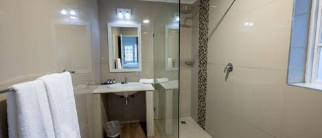 A modern bathroom with a glass shower enclosure, a sink with a mirror, and a towel rack.