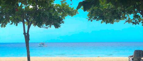 Una playa con varias sillas de descanso bajo un árbol, vista despejada del océano y un barco a lo lejos.
