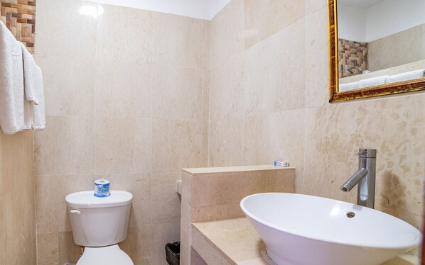 Un baño con inodoro, lavamanos y espejo.