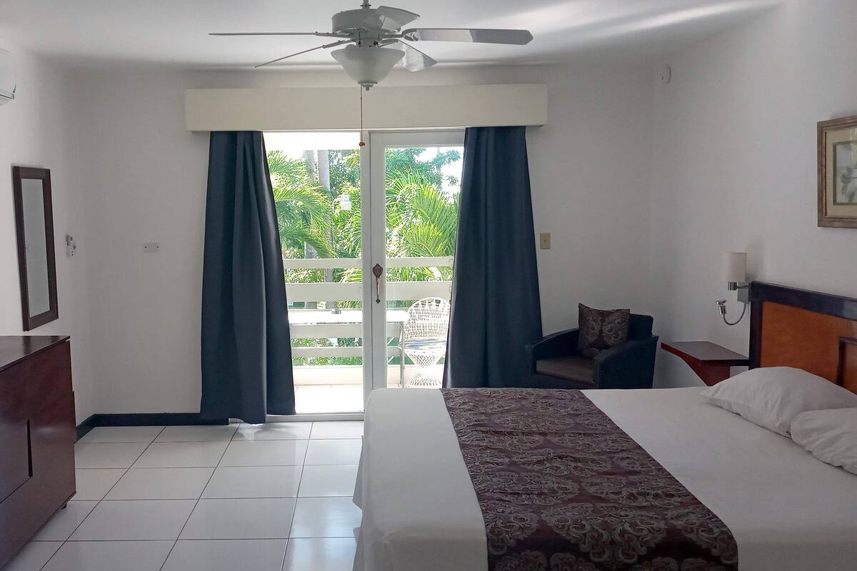 A hotel room with a bed, a desk, a chair, a ceiling fan, and a view of greenery outside.