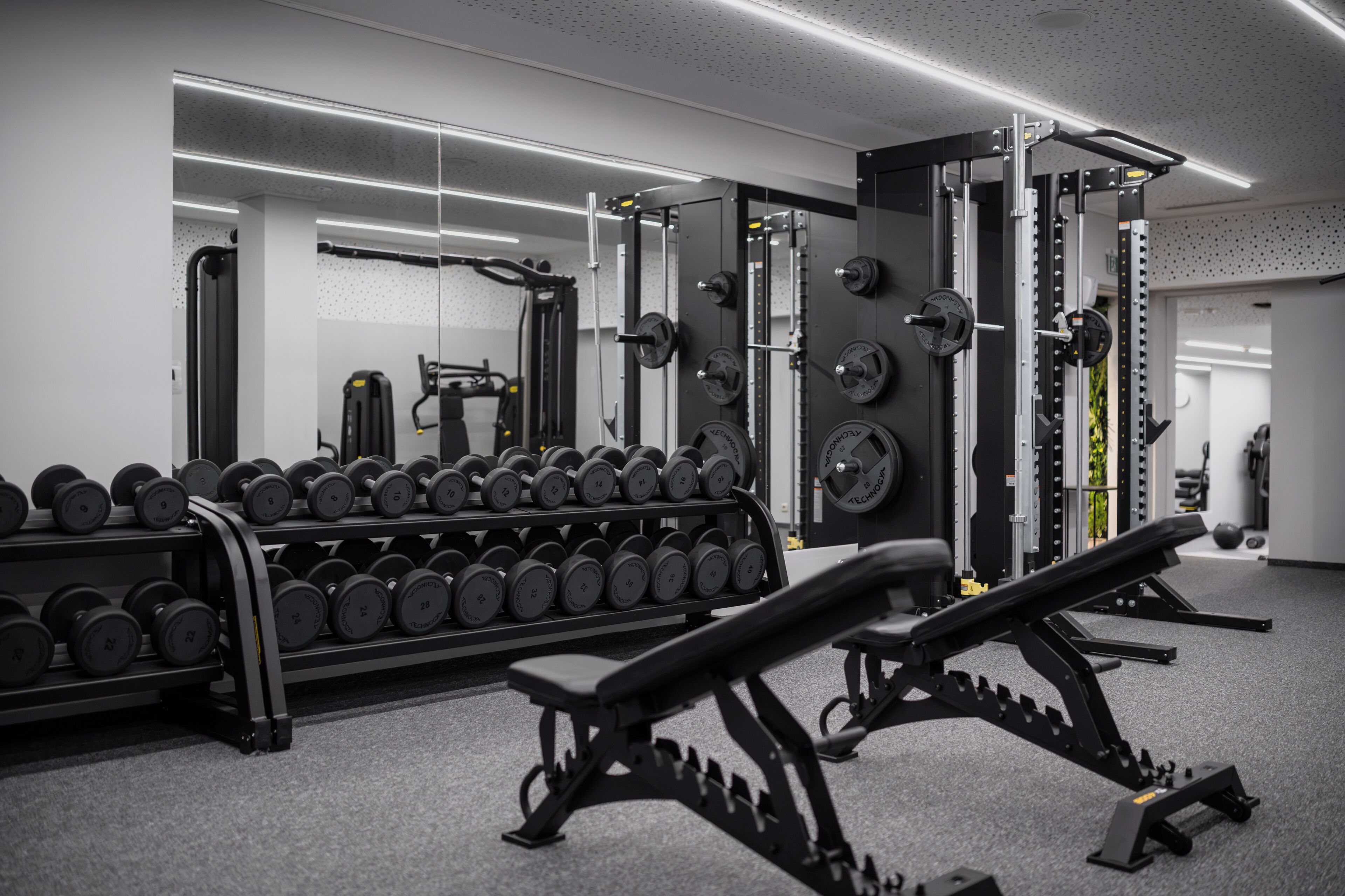 Une salle de sport équipée de matériel de musculation, notamment des haltères et un banc.
