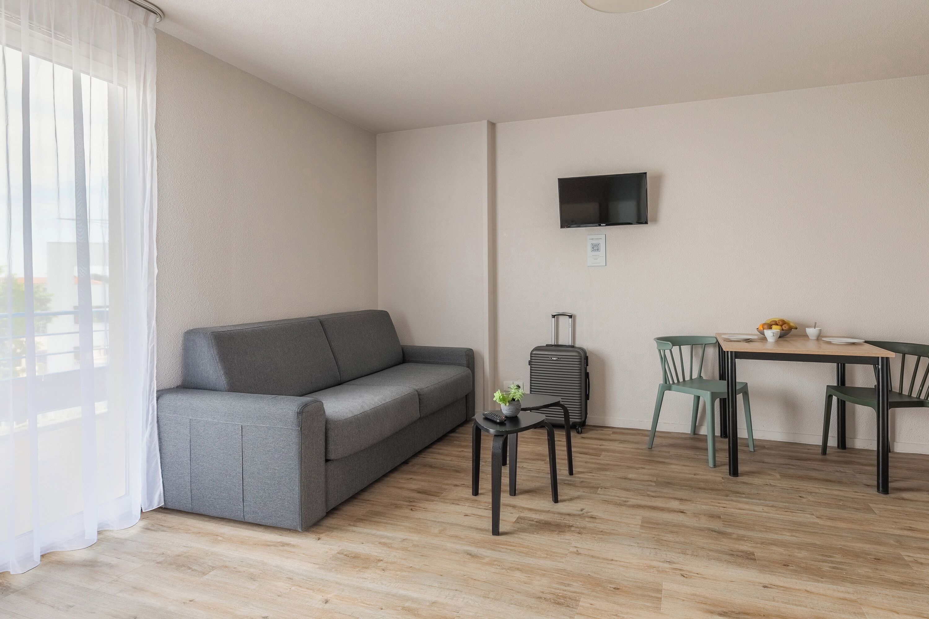 Une pièce moderne avec un canapé gris, une petite table sur laquelle est posée une plante, un téléviseur fixé au mur et une valise.