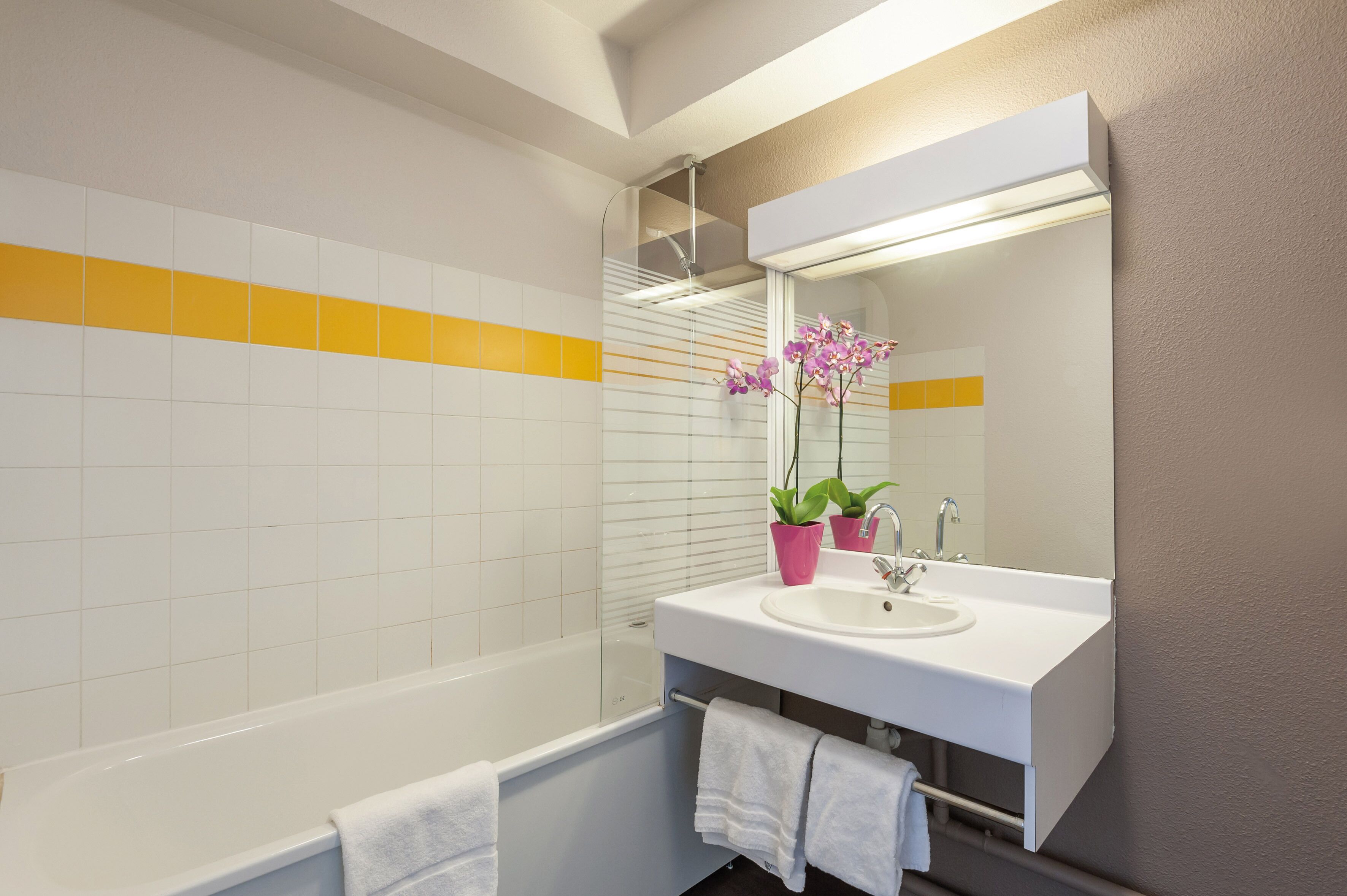 Een moderne badkamer met een wit bad, een wit wastafelmeubel en een grote spiegel. Op het aanrecht staan twee potplanten.