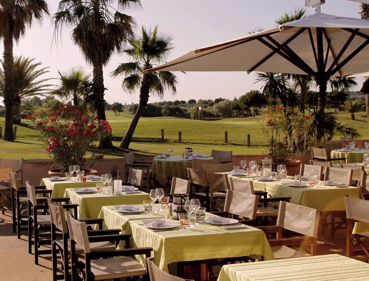 An outdoor dining area with tables set for guests, surrounded by palm trees and a view of a golf course.