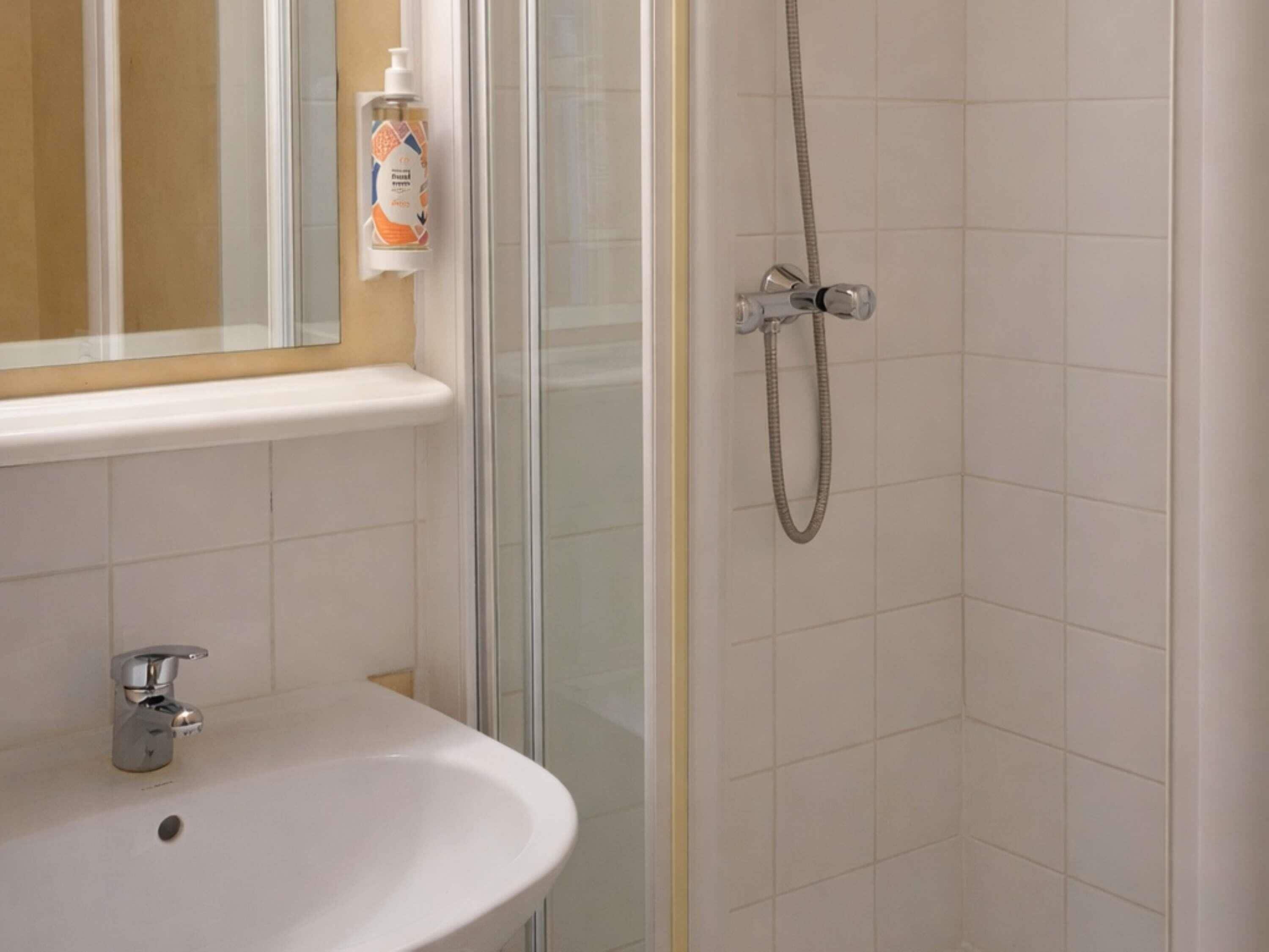 A bathroom with a white sink, a mirror, and a shower with a handheld showerhead.