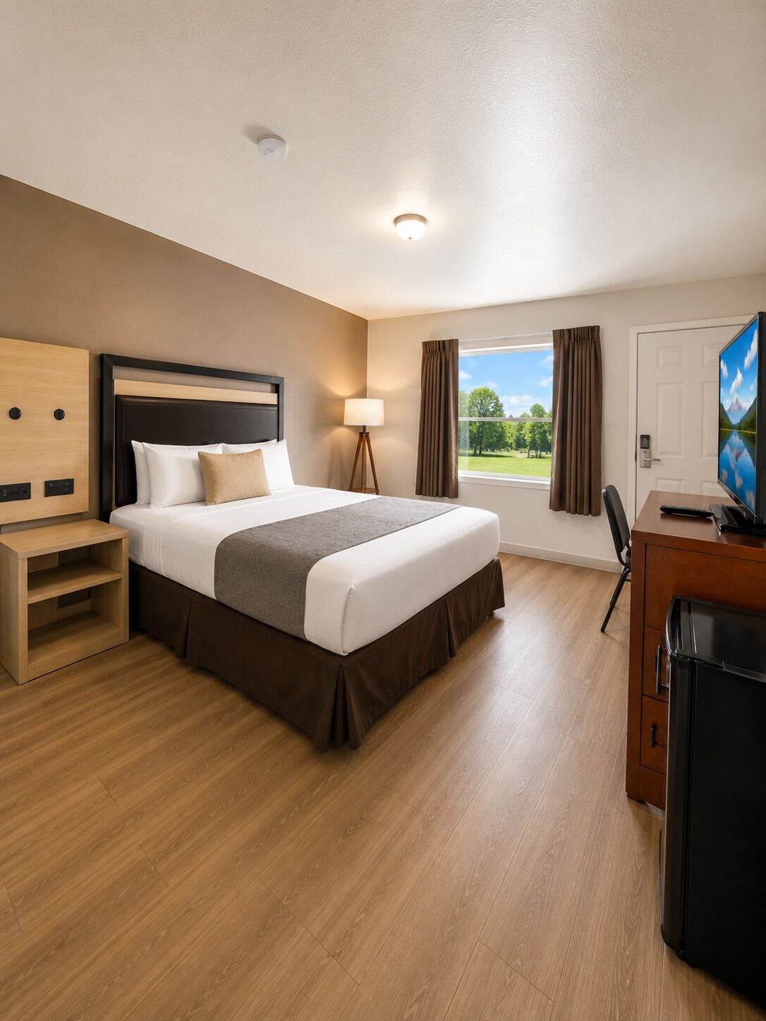 A hotel room with a bed, bedside table, lamp, desk with computer, and a view of the outdoors.