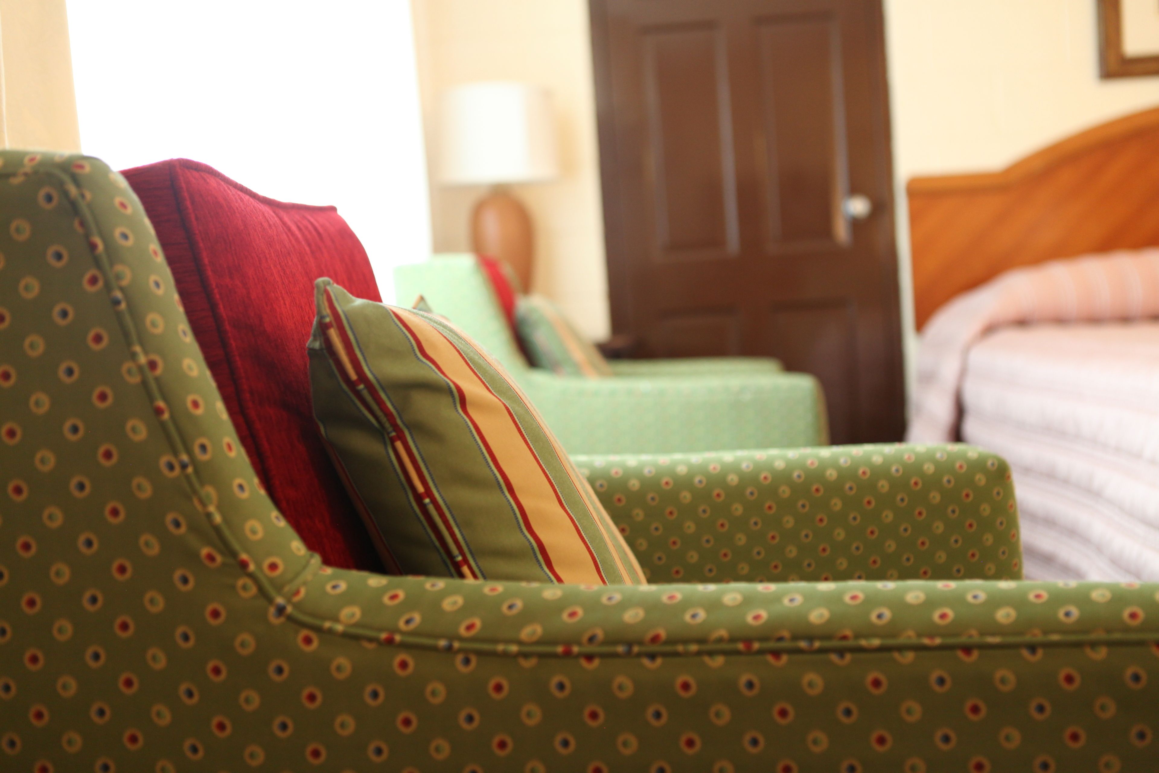 A room with a green patterned sofa, a red pillow, and a wooden door in the background.