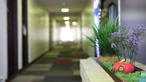 A hotel corridor with a colorful carpet, a small red house-like decoration, and green plants. - Arcadia Hotel (Gering)