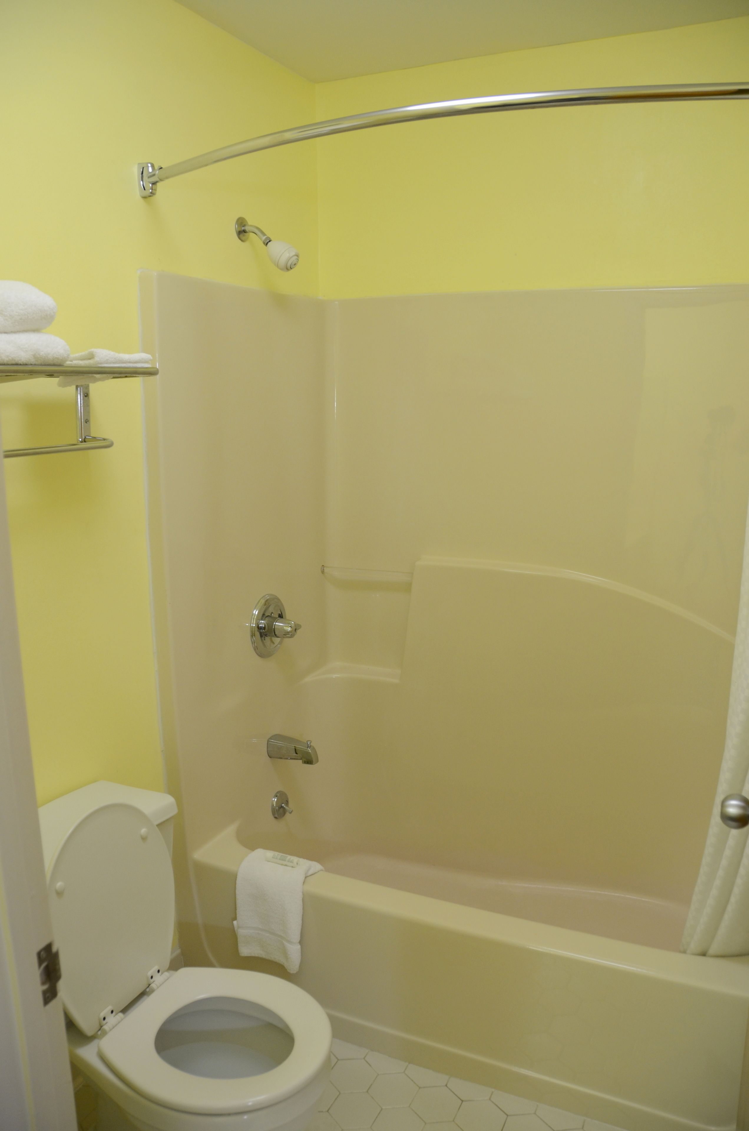 A bathroom with a toilet, a bathtub, and a shower area.
