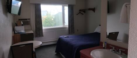 A hotel room with a bed, a desk, a chair, a sink, a mirror, a television, and a window.