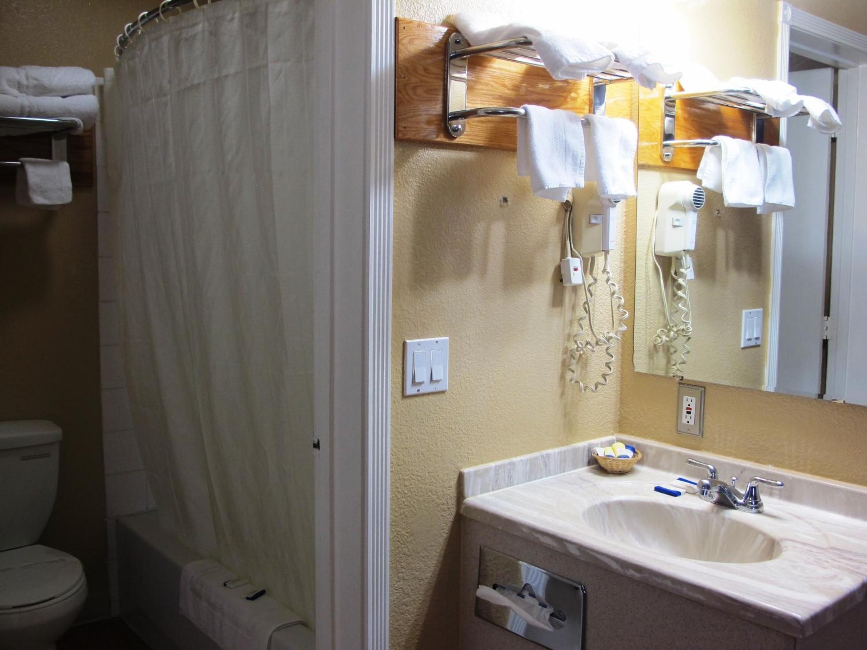 A bathroom with a shower curtain, a toilet, a sink with a mirror, and a towel rack.
