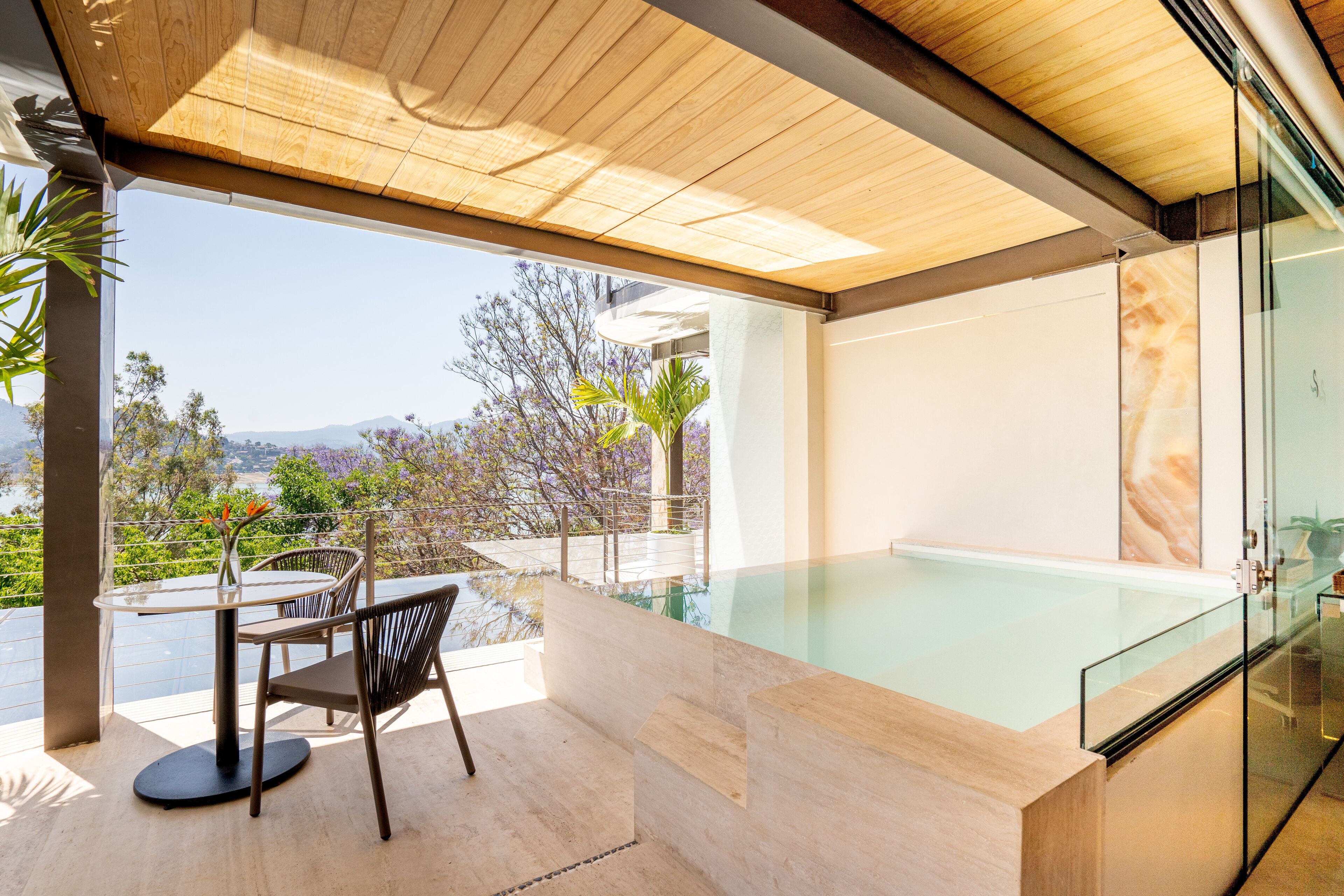 A modern outdoor pool area with a glass enclosure, a wooden ceiling, and a view of the surrounding landscape.