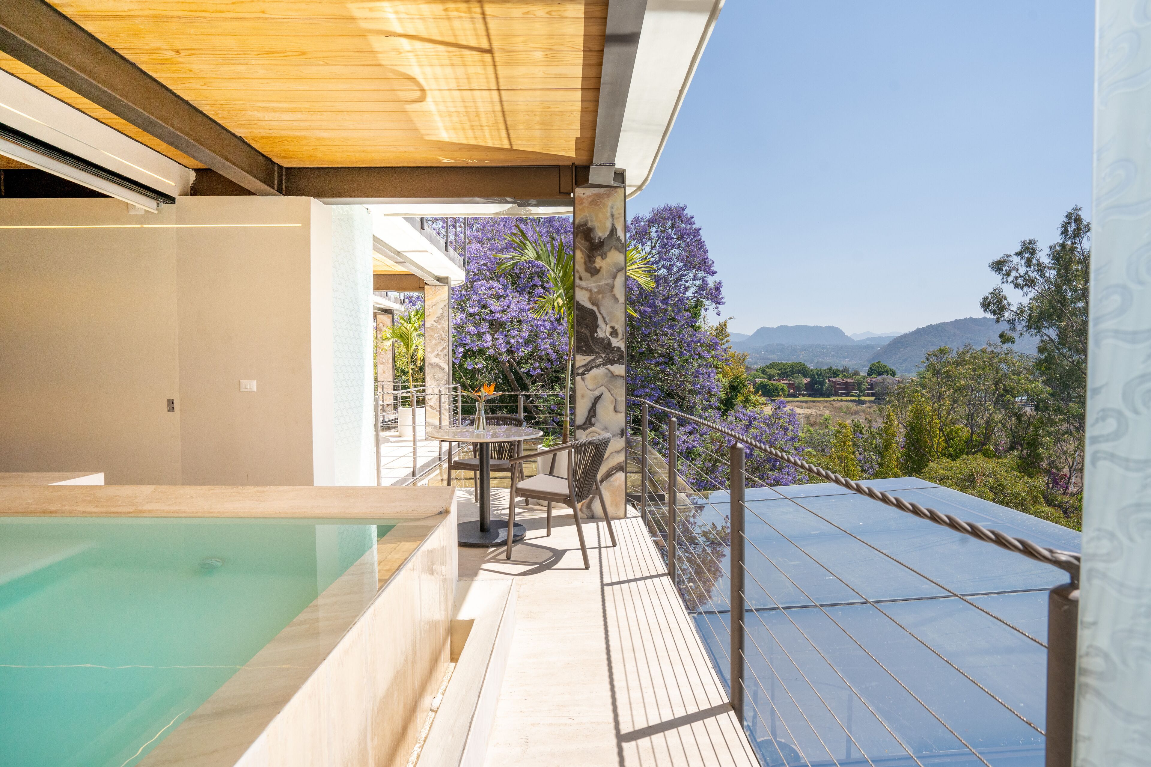 Zona de piscina en la azotea con vistas a montañas y flores moradas.