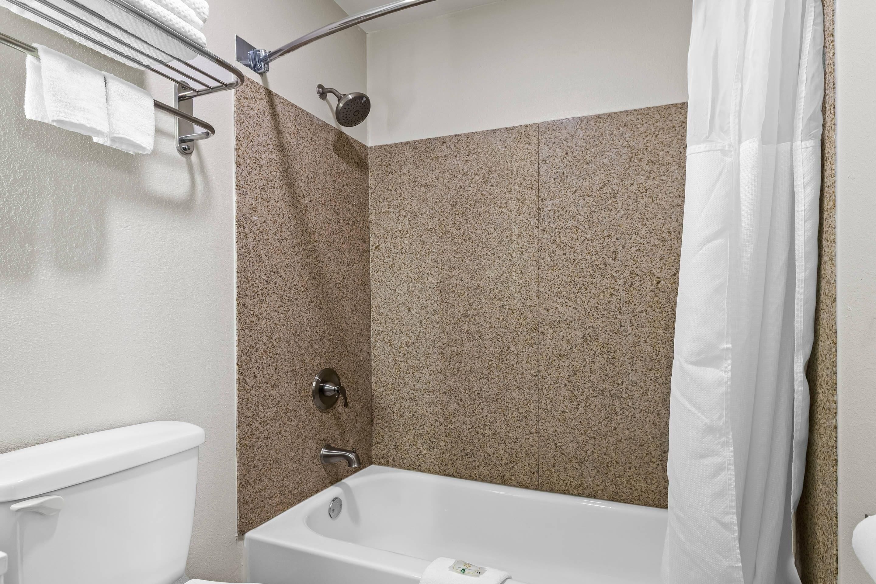Een badkamer met een badkuip, douche en toilet.