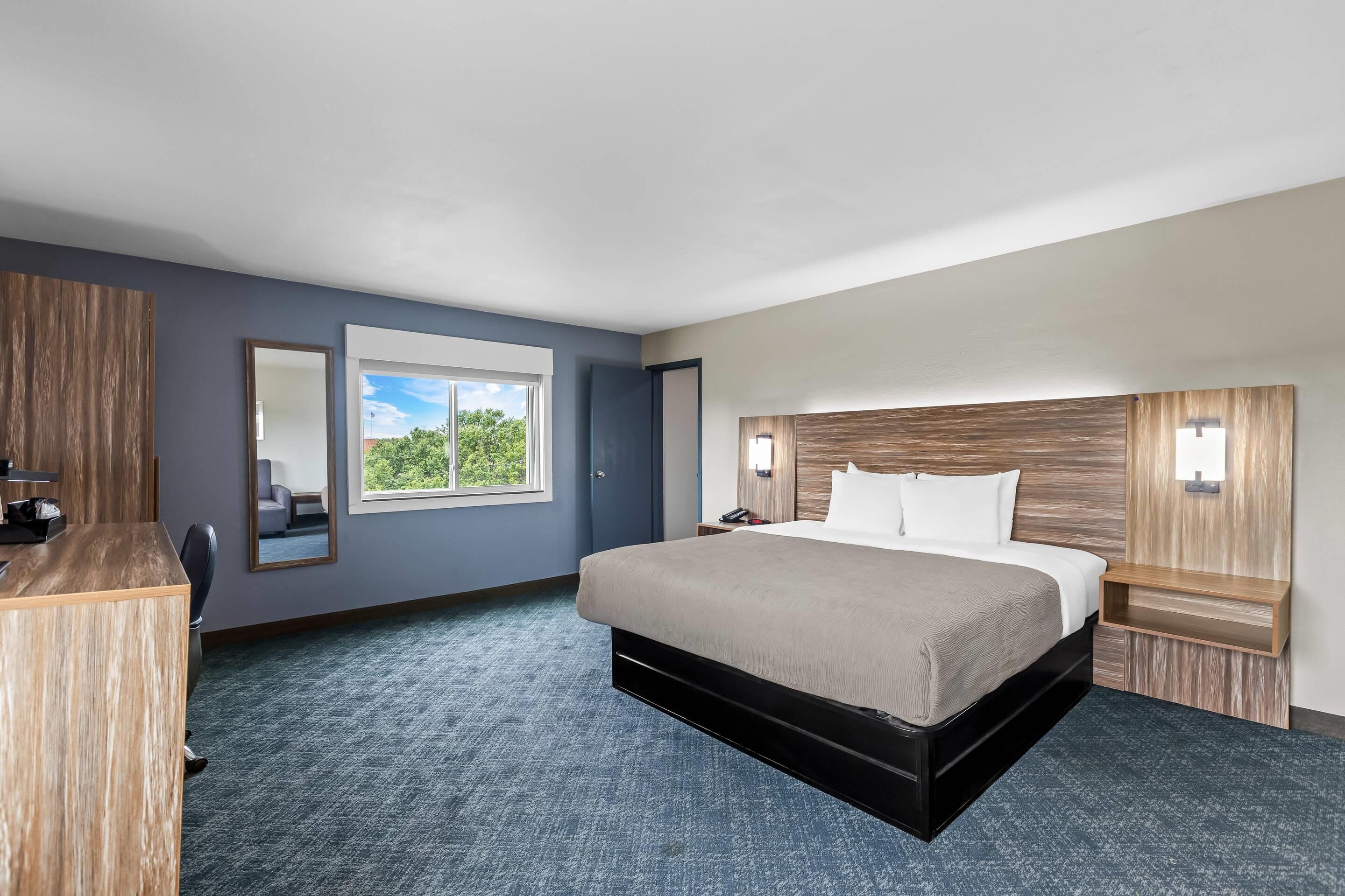 A hotel room with a large bed, a desk, a mirror, and a window with a view of greenery.