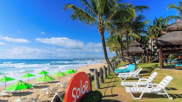 Private beach, white sand, free beach cabanas, sun loungers