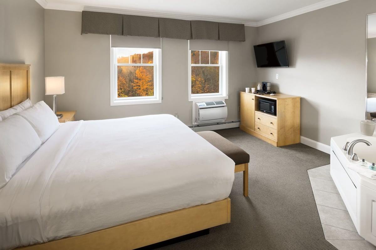 A hotel room with a large bed, a desk with a computer, a microwave, a TV, and a view of autumn trees.