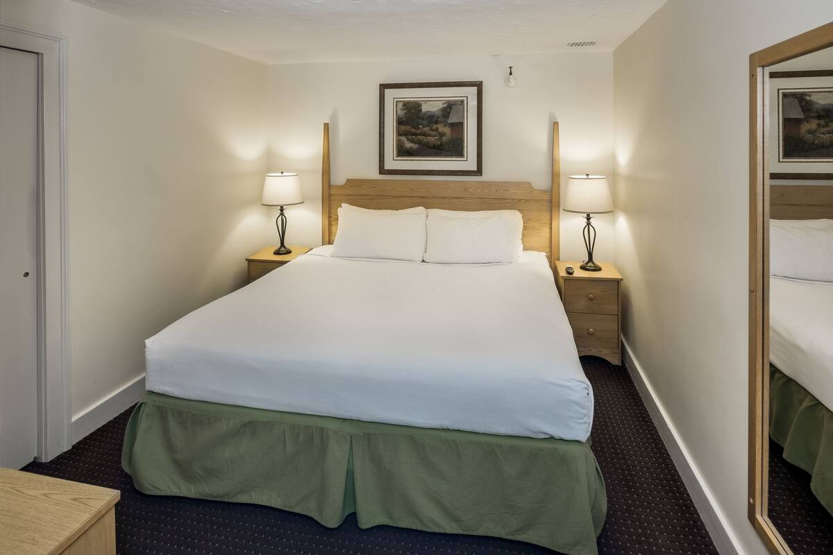 A hotel room with a large bed, two bedside tables with lamps, a framed picture on the wall, and a mirror on the right wall.