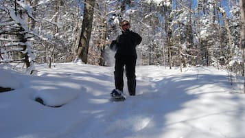 Una persona fa snowboard in una foresta innevata.