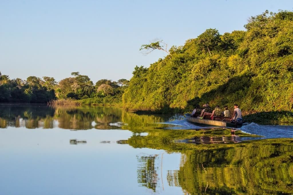 Un bote con pasajeros navegando por un río tranquilo rodeado de vegetación exuberante.