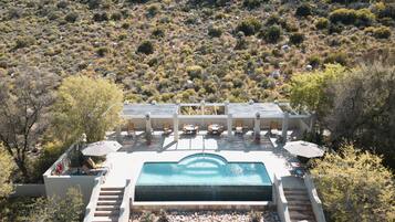 Outdoor pool, pool umbrellas, pool loungers