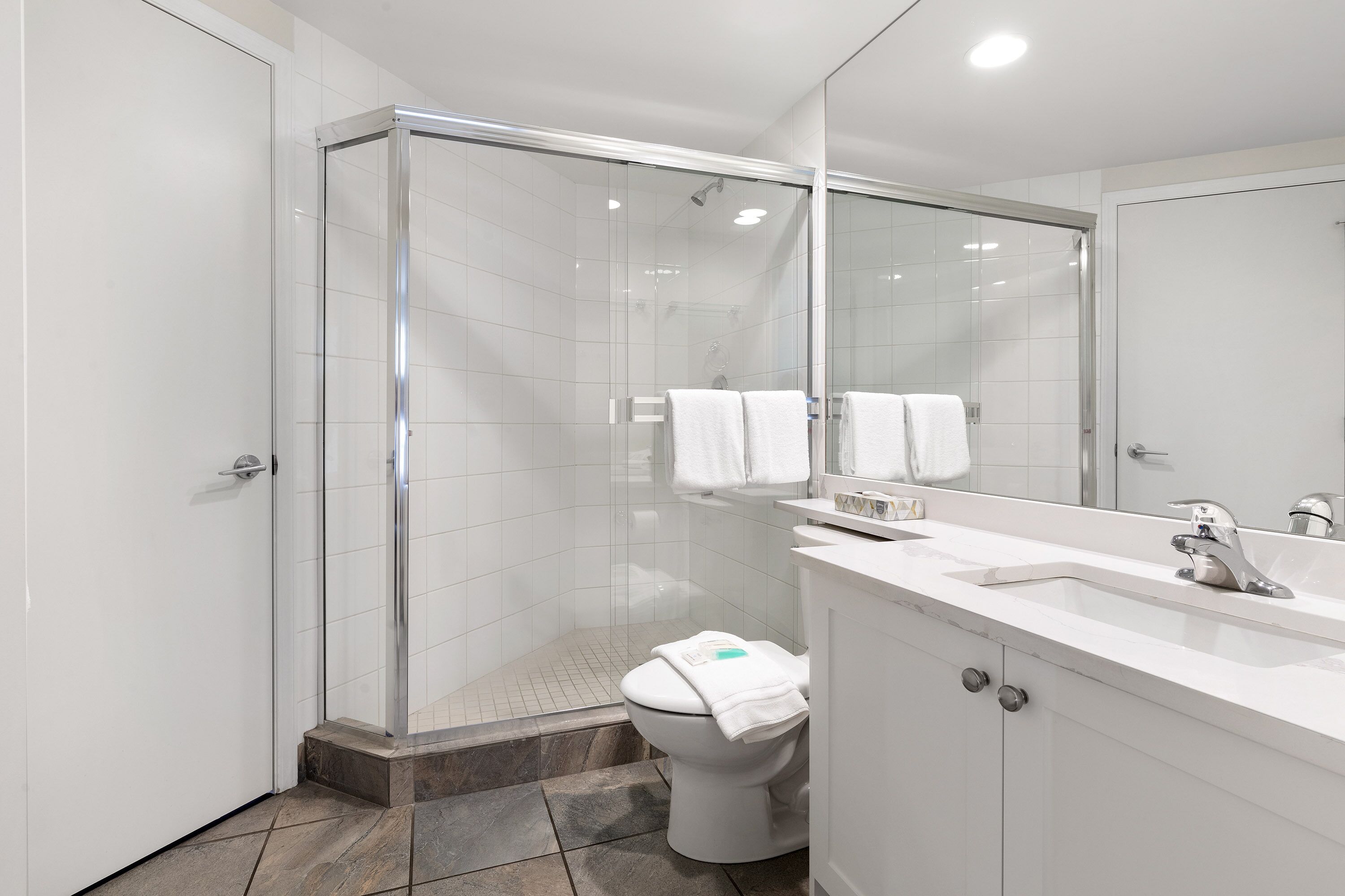 Une salle de bain moderne avec une douche à parois de verre, des toilettes blanches et un lavabo avec un miroir au-dessus.