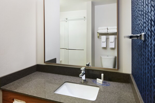 A bathroom with a white sink, a mirror, and a shower door.