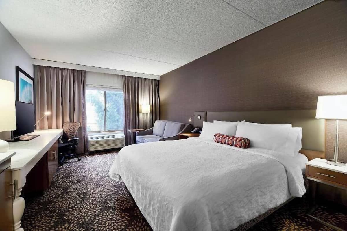 A hotel room with a large bed, a desk, a chair, a TV, and a window with curtains.