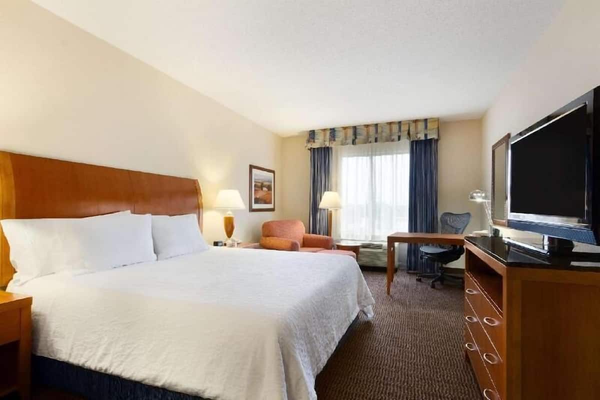 A hotel room with a large bed, a desk, a television, and a chair.