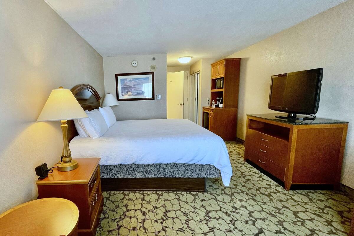 Quarto de hotel com cama, luminária de cabeceira, televisão, cômoda de madeira e um quadro pendurado na parede.