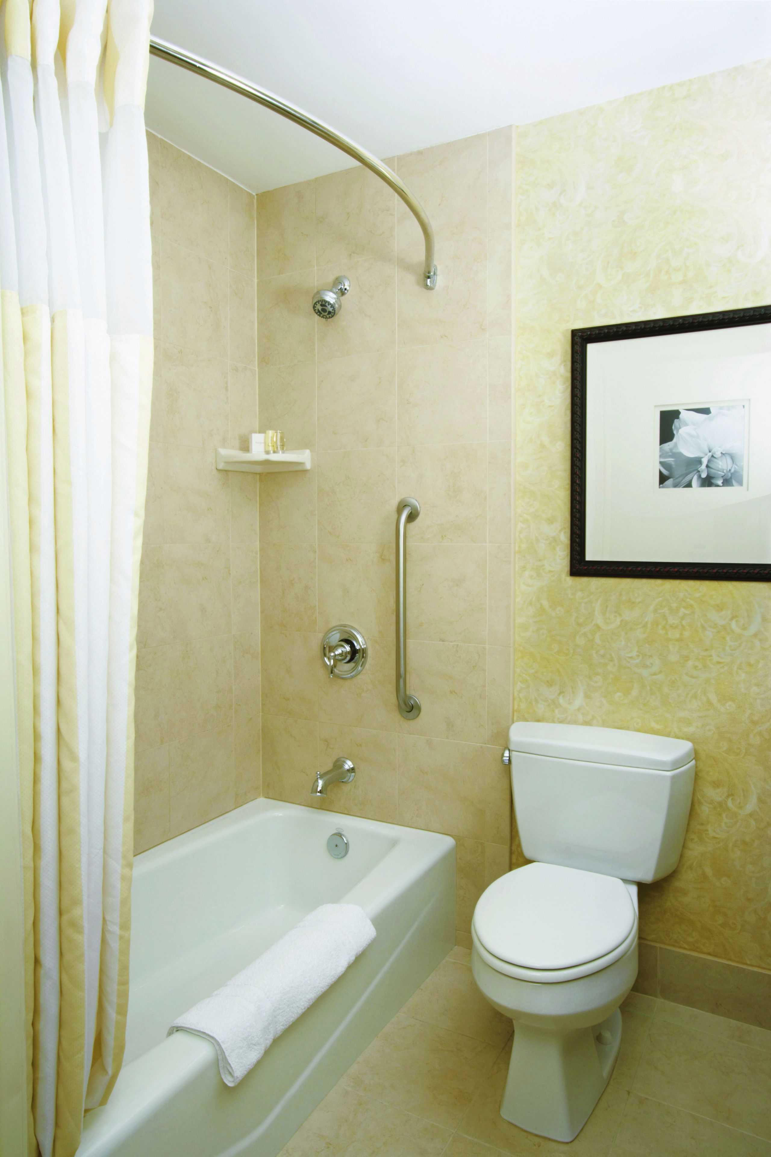 combined shower/bathtub, free toiletries, hair dryer, towels