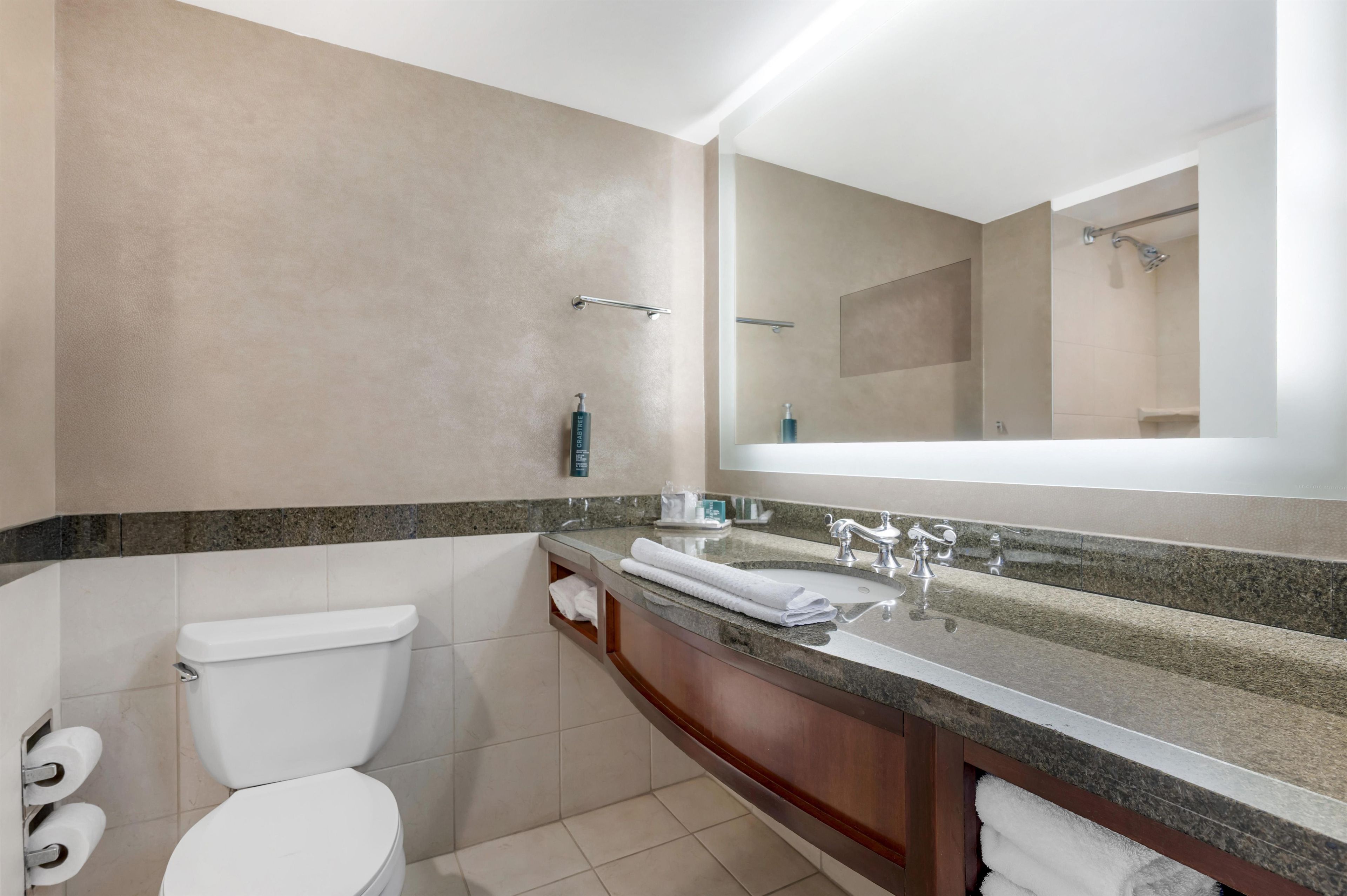 A bathroom with a toilet, sink, and mirror.
