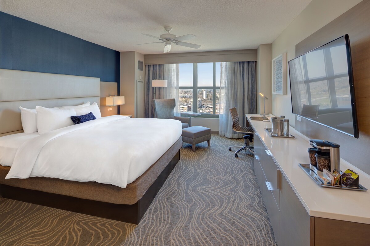 A hotel room with a large bed, a desk with a flat-screen TV, a chair, a window with curtains, and a city view.