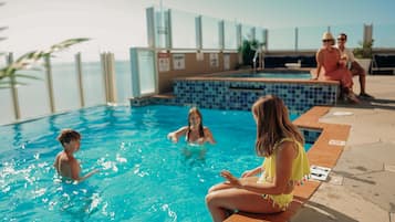 Indoor pool, seasonal outdoor pool, pool umbrellas, pool loungers