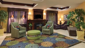 A living room with a fireplace, two armchairs, a sofa, and a patterned rug. - Holiday Inn Express Tower Center by IHG (East Brunswick)