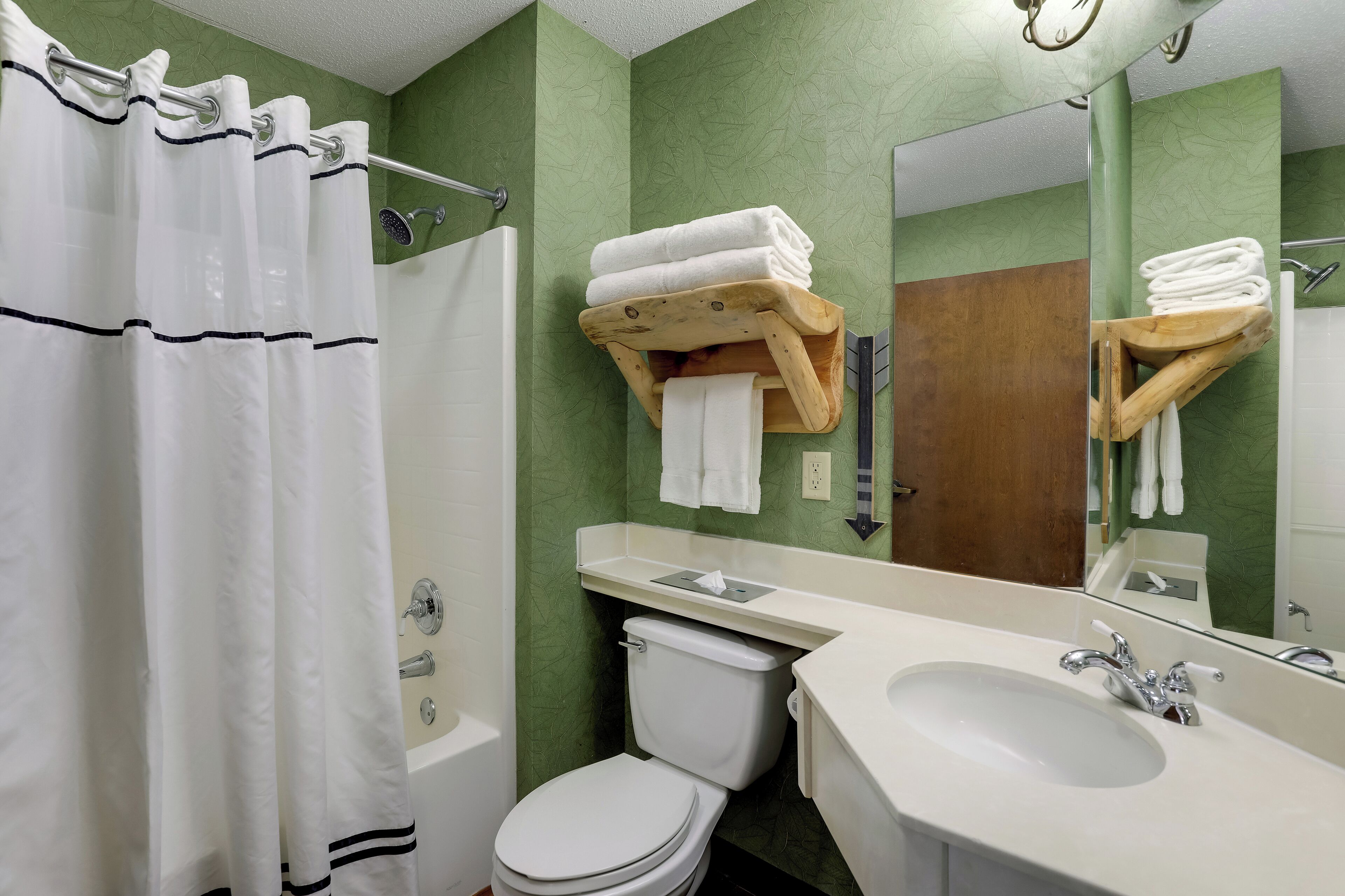 Une salle de bain équipée de toilettes, d’un lavabo et d’un rideau de douche.