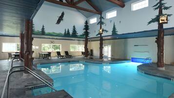 Indoor pool, outdoor pool, pool loungers