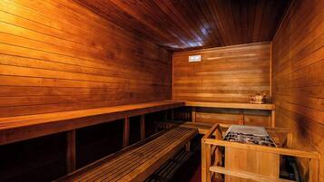 A wooden sauna with benches and a bench seat.