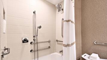 Combined shower/tub, designer toiletries, hair dryer, bathrobes